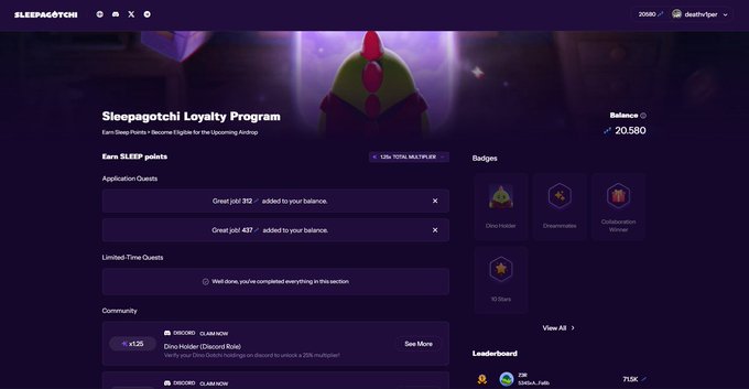 Screenshot of the Sleepagotchi Loyalty Program dashboard showing a balance of 20,580 SLEEP points, Application Quests with 312 and 487 point completions, and a leaderboard section.
