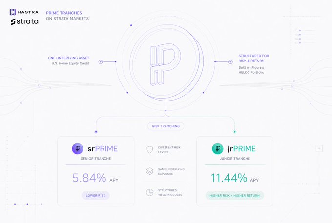 The image shows a screenshot of a website displaying information about prime trading platforms, specifically focusing on two platforms called "srPRIME" and "jrPRIME". The platform "srPRIME" has an APY of 6.4%, while the other platform "jrPRIME" offers an APY of 11.64%. These platforms allow users to customize their risk exposure by choosing between different tranches, catering to various levels of comfort and potential return on investment. The image also includes a small description in green text that reads: "Focus on what is in the image and how it relates to this post".
