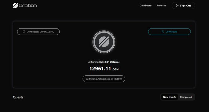 A dashboard interface for 'Orbition' showing AI mining status with a balance of 12961.11 OBN at a rate of 0.01 OBN/sec, with the AI Mining set to stop in 12:21:10.