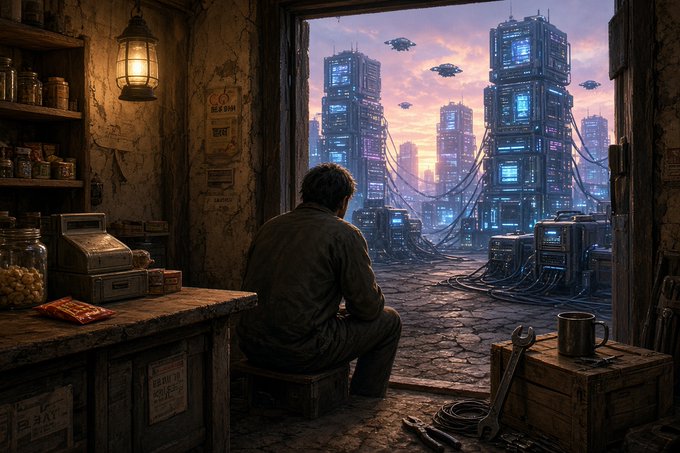 A lone figure sits on a stool inside a rustic, dimly lit workshop, looking out through a large opening at a sprawling cyberpunk cityscape with flying vehicles and glowing skyscrapers.