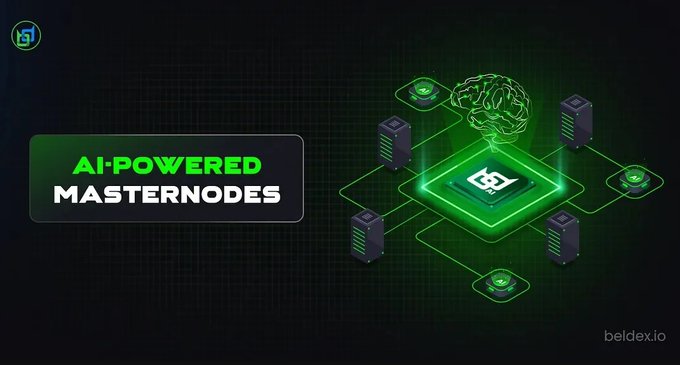 A promotional graphic for "AI-POWERED MASTERNODE" technology by beldex.io, featuring green 3D illustrations of servers, a brain, and data nodes.