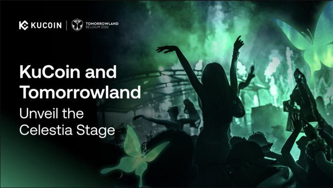 KuCoin and Tomorrowland logos appear at the top of the image, with the text "KuCoin and Tomorrowland Unveil the Celestia Stage" overlaid on a silhouetted crowd scene bathed in atmospheric green lighting, visually promoting the announcement of their partnership for Tomorrowland Belgium 2026.