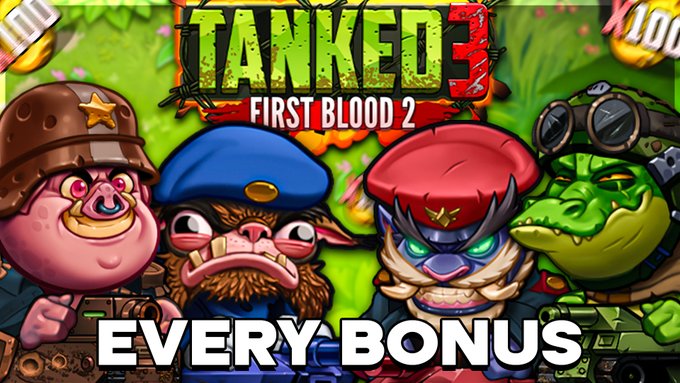 The image features a poster for a video game called "Tanked: First Blood 2". The poster includes four cartoon characters, each wearing different outfits, standing next to each other against a green background with trees. The text on the poster reads "Every Bonus" and "Mercy Rewards Giveaway RT + Follow @csgomercyga". This suggests that there is an ongoing promotion for the game, offering players a chance to win additional content or rewards by watching videos of gameplay or following the gaming community's account.

The main focus of the image is on the characters and their outfits, which are designed to attract viewers' attention and convey the fun and excitement associated with playing video games like "Tanked: First Blood 2".