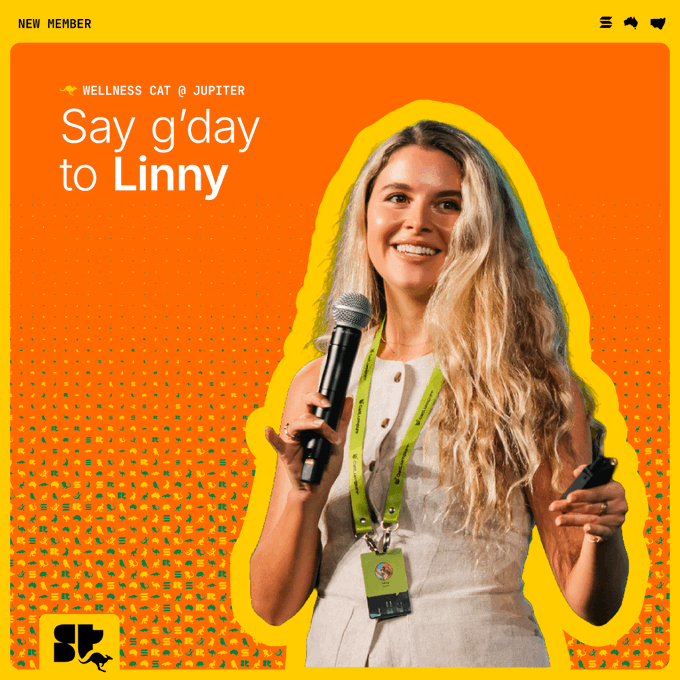 The image features a woman with blonde hair wearing a white dress, holding a microphone and smiling at the camera. The background of the image has orange dots scattered throughout, creating an abstract pattern that surrounds the woman. Below her, there's text that reads "Say g'day to Linny", which is likely a reference to the Superteam Australia member @0xLinnyx0 who is featured in the post.