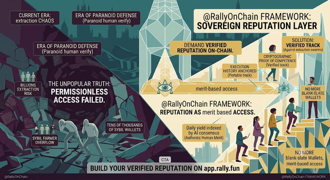 An infographic titled '@RallyOnChain FRAMEWORK: SOVEREIGN REPUTATION LAYER' comparing the current 'Era of Extraction/CHAOS' with a new reputation-based system using cryptographic proof of competence and AI consensus, with a CTA to 'BUILD YOUR VERIFIED REPUTATION ON app.rally.fun'.