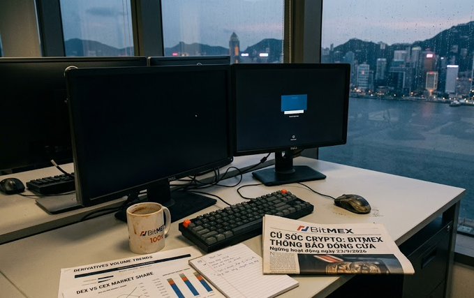 A dimly lit office desk with dual monitors sits in front of a window overlooking a city skyline, with a 'BitMex' mug and newspaper headlines reading 'CỨ SÓC CRYPTO: BITMEX THÔNG BÁO DỪNG CỦA' and 'DEX VỚI CEX MARKET SHARE'.