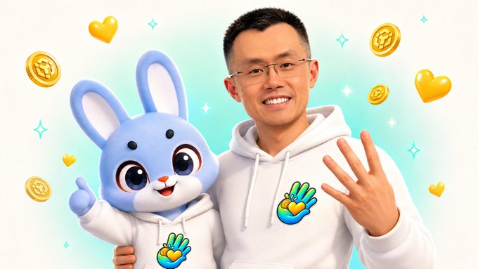 A man wearing glasses and a white hoodie stands next to a blue bunny mascot with a 'Hi' hand logo, surrounded by floating coins, hearts, and sparkles.