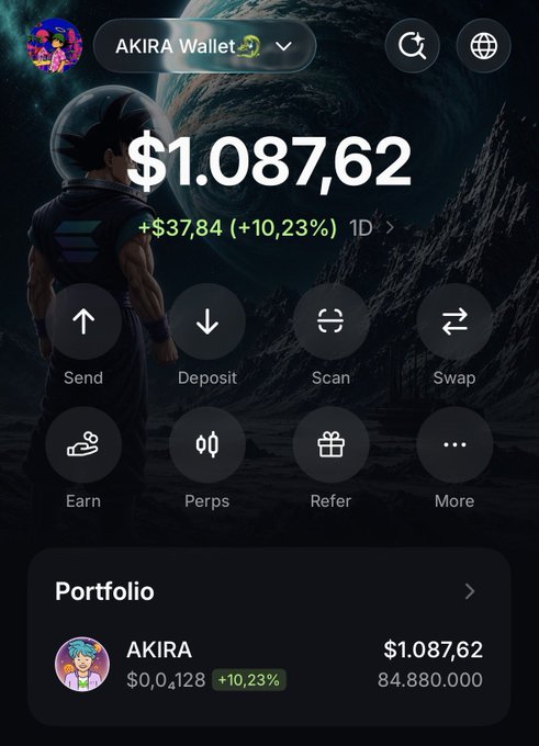 A screenshot of a cryptocurrency wallet app called 'AKIRA Wallet' showing a balance of '$1.087,62' with a +10,23% increase, featuring menu options like Send, Deposit, Swap, and Earn, with a Vegeta background.
