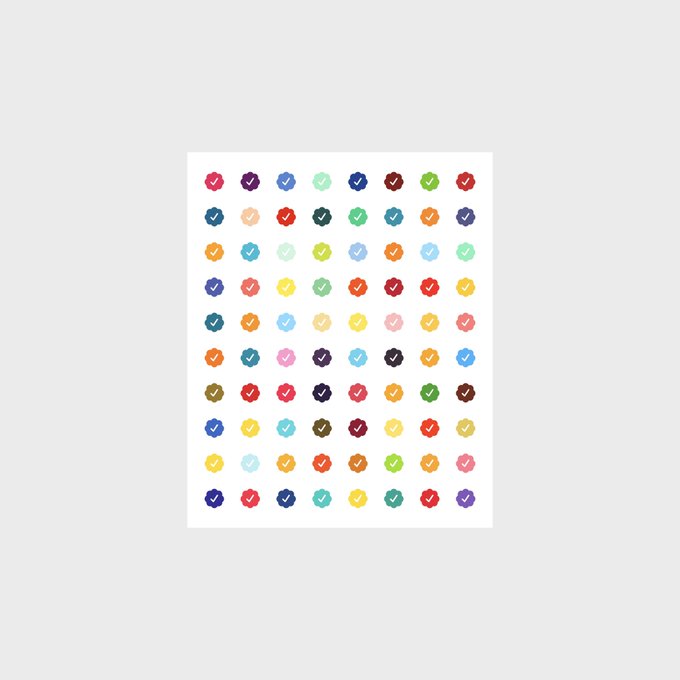 A poster featuring a grid of colorful circles, each containing a white checkmark, arranged in rows on a white background.