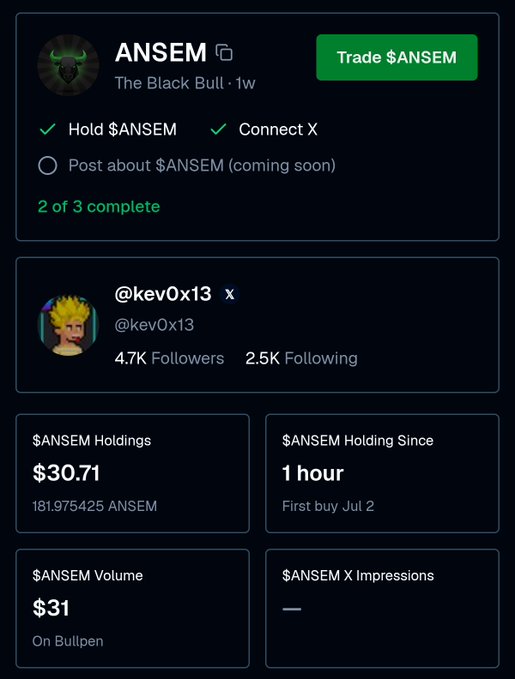 A cryptocurrency dashboard for $ANSEM showing "Trade $ANSEM" button, 2 of 3 tasks complete, holdings of $30.71, and a Twitter profile for @kev0x13.