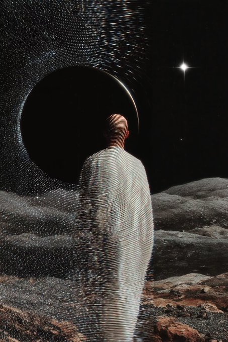 A cosmic digital artwork depicting a figure in a striped, textured robe standing before a black hole on a rocky, lunar-like landscape, with a bright star shining in the dark sky.