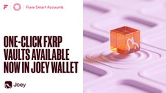 Pink promotional banner for Fireblocks Smart Accounts announcing 'ONE-CLICK FXRP VAULTS AVAILABLE NOW IN JOEY WALLET', featuring a 3D orange vault icon on water ripples with the Joey logo.