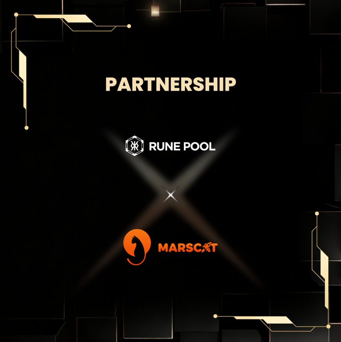 The image features a black background with white text that reads "Partnership" at the top of the frame, followed by "Rune Pool" and "MarsCat". The text also includes the names of two companies, "@MarsCat_Global MarsCat is building a privacy-first decentralized communication layer through its RelayX protocol", which suggests they are collaborating on a project related to Web3 technology.