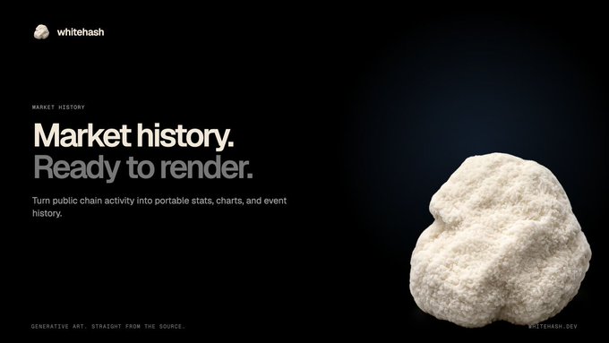 A dark-themed webpage for 'whitehash' displays the heading 'Market history. Ready to render.' with the subtext 'Turn public chain activity into portable stats, charts, and event history.' alongside a 3D render of a white textured rock.