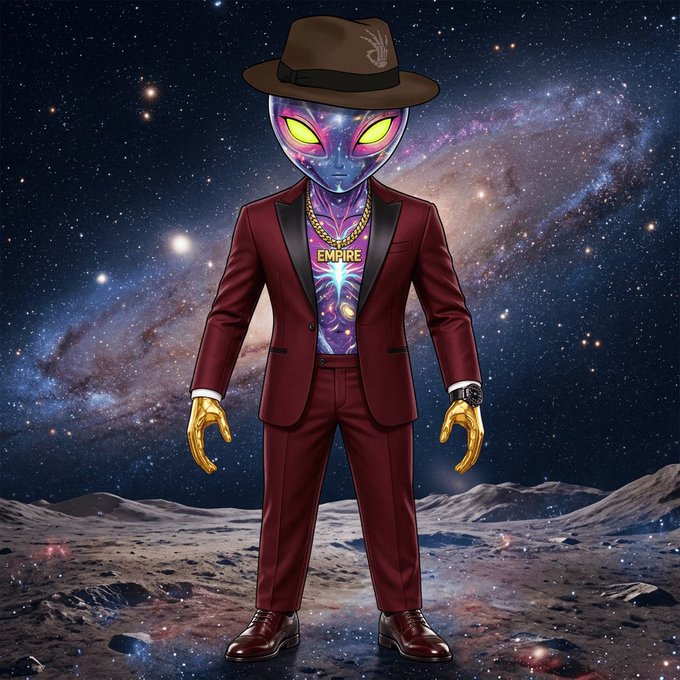 An AI-generated illustration of an alien character in a red suit and brown fedora with golden hands, wearing an 'EMPIRE' chain necklace, standing on a lunar landscape against a galaxy backdrop.