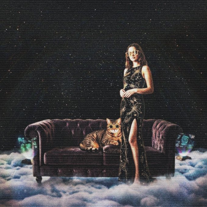 A stylized, surreal image featuring a woman in a black and gold patterned dress with star-shaped sunglasses standing behind a purple sofa where a tabby cat with matching star glasses is lying, all set against a starry night background with clouds below.