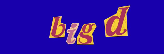 A graphic design with the text "big d" displayed in stylized pink/magenta letters with gold accents on a solid blue background.