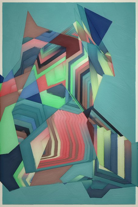 An abstract digital artwork featuring geometric shapes in vibrant shades of green, pink, red, and blue against a teal background.