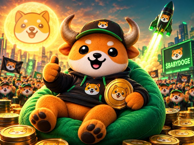 A plush mascot character representing $BABYDOGE sits on a throne of gold coins, wearing a Shiba-themed cap and hoodie, surrounded by cheering fans, a rocket launch, and a "$BABYDOGE" billboard—visually celebrating the coin as a winning investment during a bull run, aligning with the post's claim that early $BABYDOGE holders are intelligent.