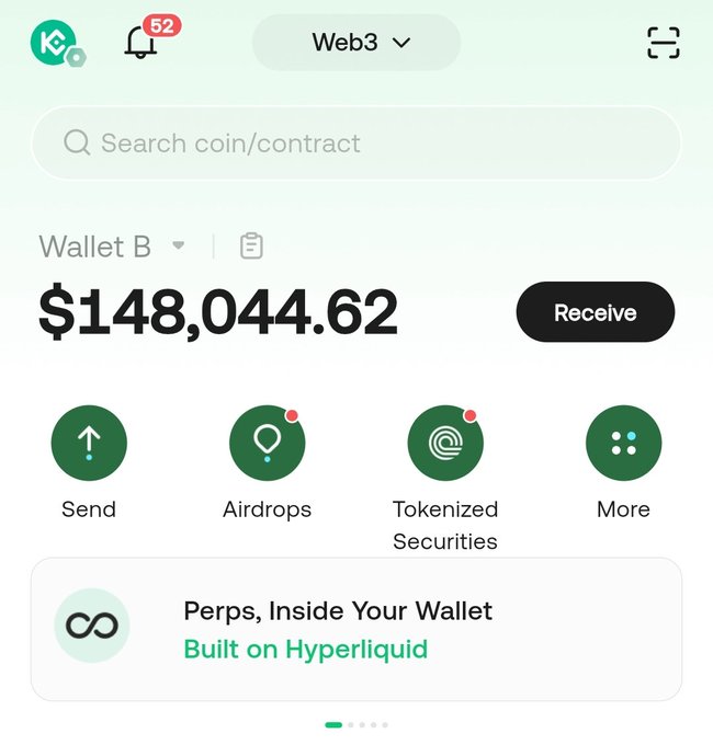 A screenshot of a cryptocurrency wallet app showing 'Wallet B' with a balance of $148,044.62, along with options for Send, Airdrops, Tokenized Securities, and a banner for 'Perps, Inside Your Wallet Built on Hyperliquid'.