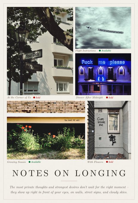 A poster titled 'NOTES ON LONGING' featuring four photographs of graffiti and signs with humorous or provocative messages, including 'Your Dick', 'My Pussy', 'Fuck me please', and 'Cum inside me', along with various status labels.