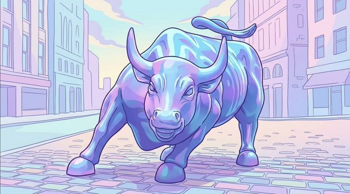 A digital illustration of a metallic, iridescent purple and blue bull statue charging down a pastel-colored city street with stylized buildings.