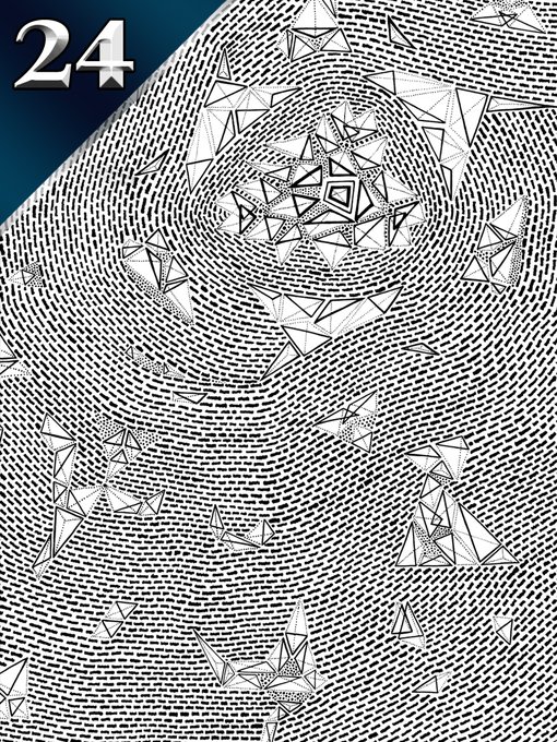 A black and white patterned abstract artwork featuring geometric shapes and triangles, with the number '24' in a stylized white font on a dark blue banner in the top left corner.