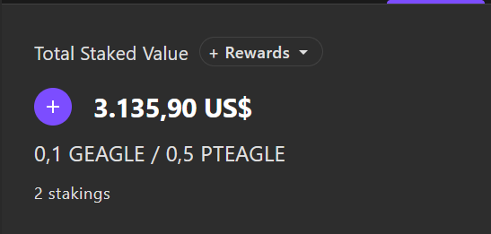 Dark-themed dashboard snippet displaying a 'Total Staked Value' of 3,135.90 US$ with rewards, showing 0.1 GEAGLE / 0.5 PTEAGLE across 2 stakings.
