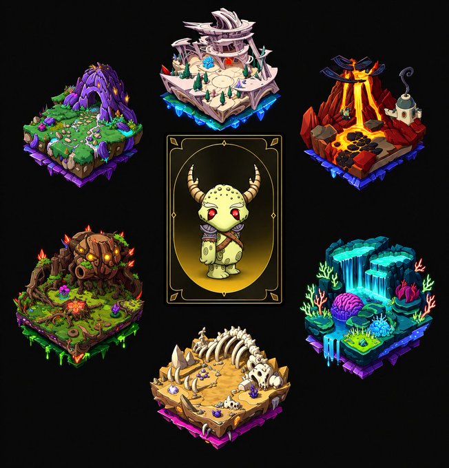 Digital artwork featuring a central green horned creature surrounded by six isometric floating island environments, including a purple crystal cave, a floating castle, a volcano, a treehouse, an aquatic reef, and a desert with dinosaur bones.