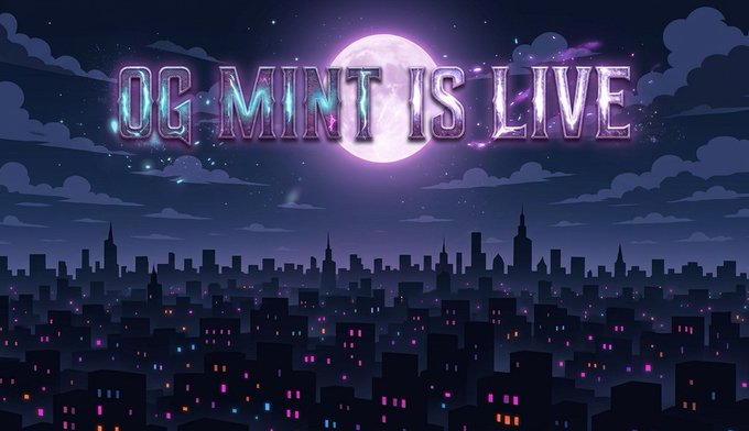 A nighttime cityscape with a glowing purple moon serves as the backdrop for bold text reading "OG MINT IS LIVE," promoting the launch of a new NFT collection on OpenSea. The post invites users to mint their NFTs from the linked collection and share them in the comments.
