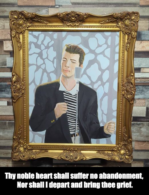 The image features a painting of a man wearing a suit, standing against a brick wall with a quote written above his head that reads "thy noble heart shall suffer no abandonment. (Or shall I depart and bring thy grief.)". The painting is framed in gold and hangs on the wall next to a wooden panel.