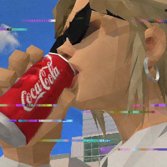 A low-polygon, 3D-rendered character with spiky blonde hair and sunglasses drinks from a red 'Coca-Cola' can, overlaid with glitchy, horizontal colorful bars.