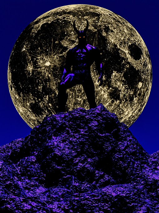 Digital artwork of a horned, muscular humanoid figure with glowing red eyes standing atop a purple rocky mountain with a massive detailed moon as the backdrop against a dark blue sky.