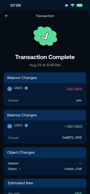 The image shows a completed blockchain transaction confirming a transfer of 302 USDC from the user's wallet to address 0x6872...0f16, with an object deleted (0xfaeb...c7b6) on August 24 at 6:49 AM. This visual evidence supports the post's claim of being "4" (the fourth such transaction), showcasing the on-chain proof of another completed transfer or NFT-related action.