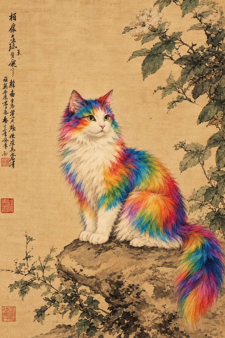 A traditional East Asian ink painting featuring a multicolored rainbow-furred cat sitting on a rocky ledge, accompanied by Chinese calligraphy and red seal stamps on aged parchment.