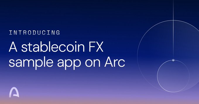 A promotional graphic with a blue-to-purple gradient background featuring the Arc logo and the headline "INTRODUCING: A stablecoin FX sample app on Arc," with decorative circular line elements on the right side. The image visually introduces the announcement about Arc's new stablecoin FX sample app, emphasizing the platform's infrastructure for building multi-currency applications mentioned in the accompanying post.