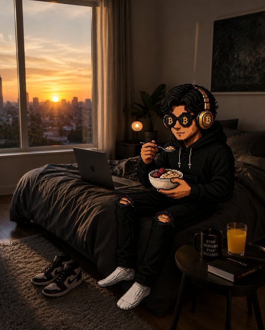 A stylized illustration depicts a young man wearing a black hoodie, ripped jeans, and sunglasses with 'B' logos, sitting on a bed while eating cereal and using a laptop with headphones on; a mug reading 'STAY HUNGRY STAY FOCUSED' and a glass of orange juice sit nearby as the sun sets over a city skyline through the window.