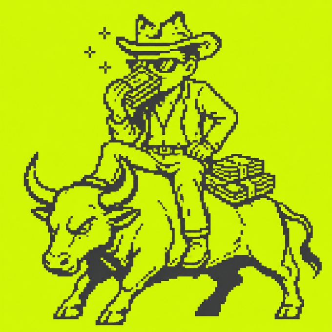 A pixelated cowboy rides atop a charging bull while clutching a stack of gold coins and gold bars, with star sparkles around his sunglasses. The image illustrates the post's theme of aggressive bull market confidence and wealth accumulation, mocking passive investors still waiting for recovery while traders chase Solana and BNB gains on Robinhood.