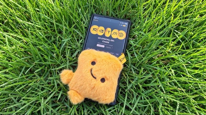 A smartphone displaying a SEI trading interface ('US STOCKS, ON-CHAIN') lying in green grass, with a small yellow plush toy attached to the phone.