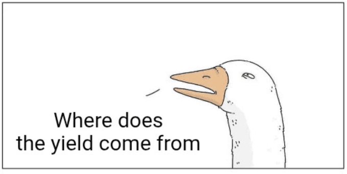 The image shows a simple line drawing of a white goose with an open beak (appearing to be quacking), accompanied by the text "Where does the yield come from." 

The image relates to the post by visually framing a fundamental question about yield composition—using the asking goose to emphasize that for institutions, simply knowing the headline yield number matters less than understanding the underlying sources driving that return.