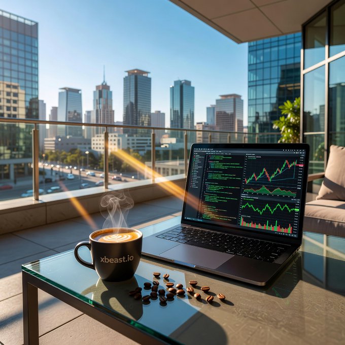 An AI-generated scene showing a person working on a laptop displaying financial charts and code on a balcony overlooking a city skyline, with a steaming coffee cup branded 'xbeast.io' on the table.