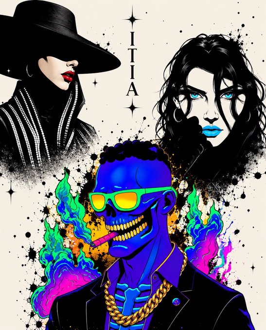 A vibrant pop-art style illustration features a central blue skeleton wearing neon green sunglasses and a gold chain, flanked by two stylized women's portraits with the word 'LILIA' written vertically.