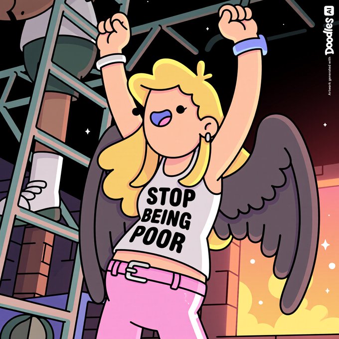 A Doodles NFT cartoon character with blonde hair, angel wings, and a white crop top reading "STOP BEING POOR", raising both arms in celebration.