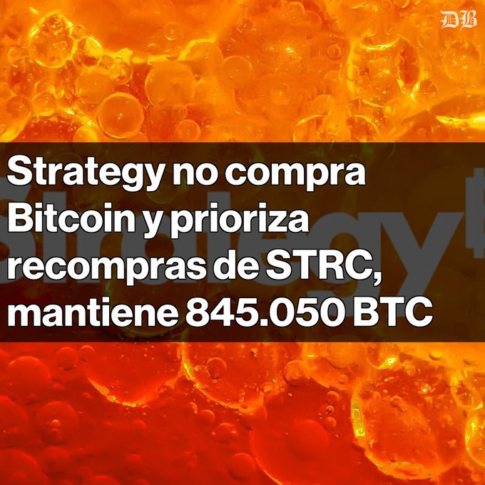 A news graphic with an orange fiery background stating in Spanish: 'Strategy no compra Bitcoin y prioriza recompras de STRC, mantiene 845.050 BTC' (Strategy doesn't buy Bitcoin and prioritizes STRC repurchases, maintains 845,050 BTC).