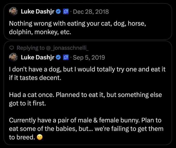 Screenshots of two old tweets from Luke Dashjr (@[email protected]) from December 2018 and September 2019 making controversial statements about eating cats, dogs, and other animals.