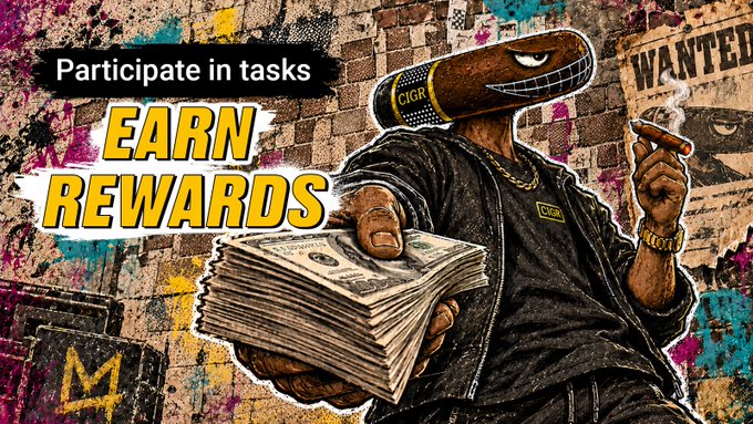 A promotional graphic featuring an illustrated character with a cigar-shaped head wearing CIGR gear, holding cash with text reading 'Participate in tasks' and 'EARN REWARDS' against a graffiti background.
