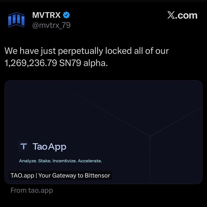 The image features a screenshot of a Facebook post by an account named "MVTRX". In this post, the account has written a message about cryptocurrency, specifically discussing the locks currently happening with Bitcoin subnets. The post includes text from TaoApp providing details on how they locked all of the subnet's Alpha tokens through their app. It seems that MVTRX is removing these tokens from circulation due to the Permanent Lock, which is causing a significant change in the supply dynamics within the Bittensor ecosystem and potentially affecting the future of Bitcoin subnets. This message emphasizes the importance of understanding such developments and the potential impact on those involved in cryptocurrency trading or development.