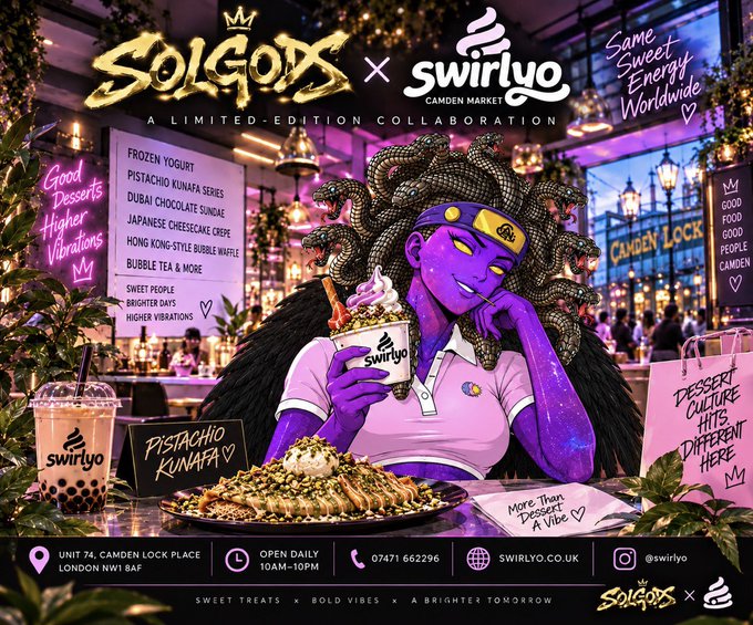 A promotional poster for a 'LIMITED-EDITION COLLABORATION' between 'SOLGODS' and 'swirlyo CAMDEN MARKET', featuring an illustrated character with purple skin and Medusa-like hair holding a Pistachio Kunafa dessert.