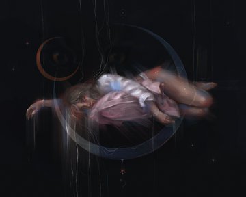 A surreal painting depicting a figure floating within a crescent moon against a dark, starry background with vertical lines and small circular motifs.