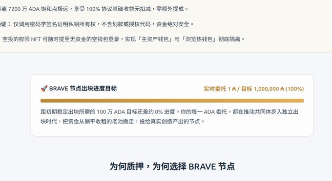 A screenshot showing the BRAVE node progress dashboard indicating the 1,000,000 ADA staking goal has been 100% completed (1 A/1,000,000 A), corresponding to the post's announcement that the initial 1 million ADA target was reached thanks to 34 DAO members.